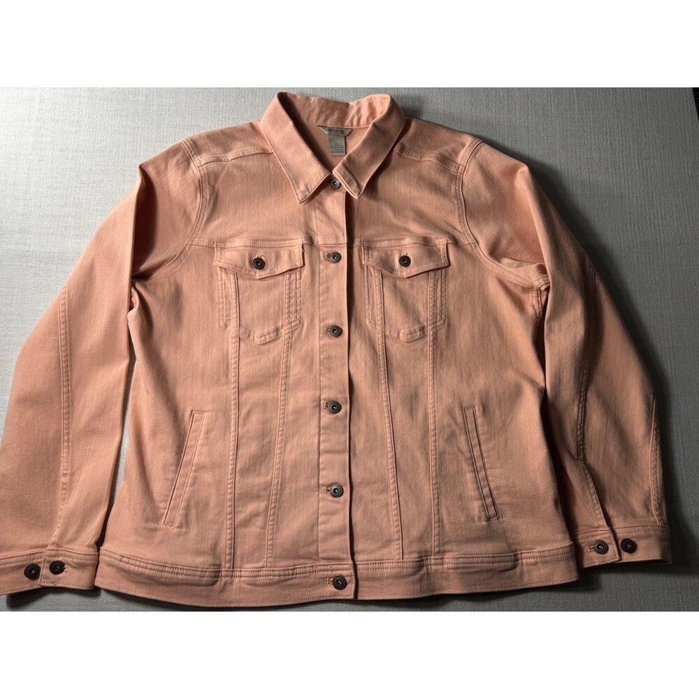 Duluth Trading Co Women's Button Up Denim Jacket Peach XL Stretch Pockets